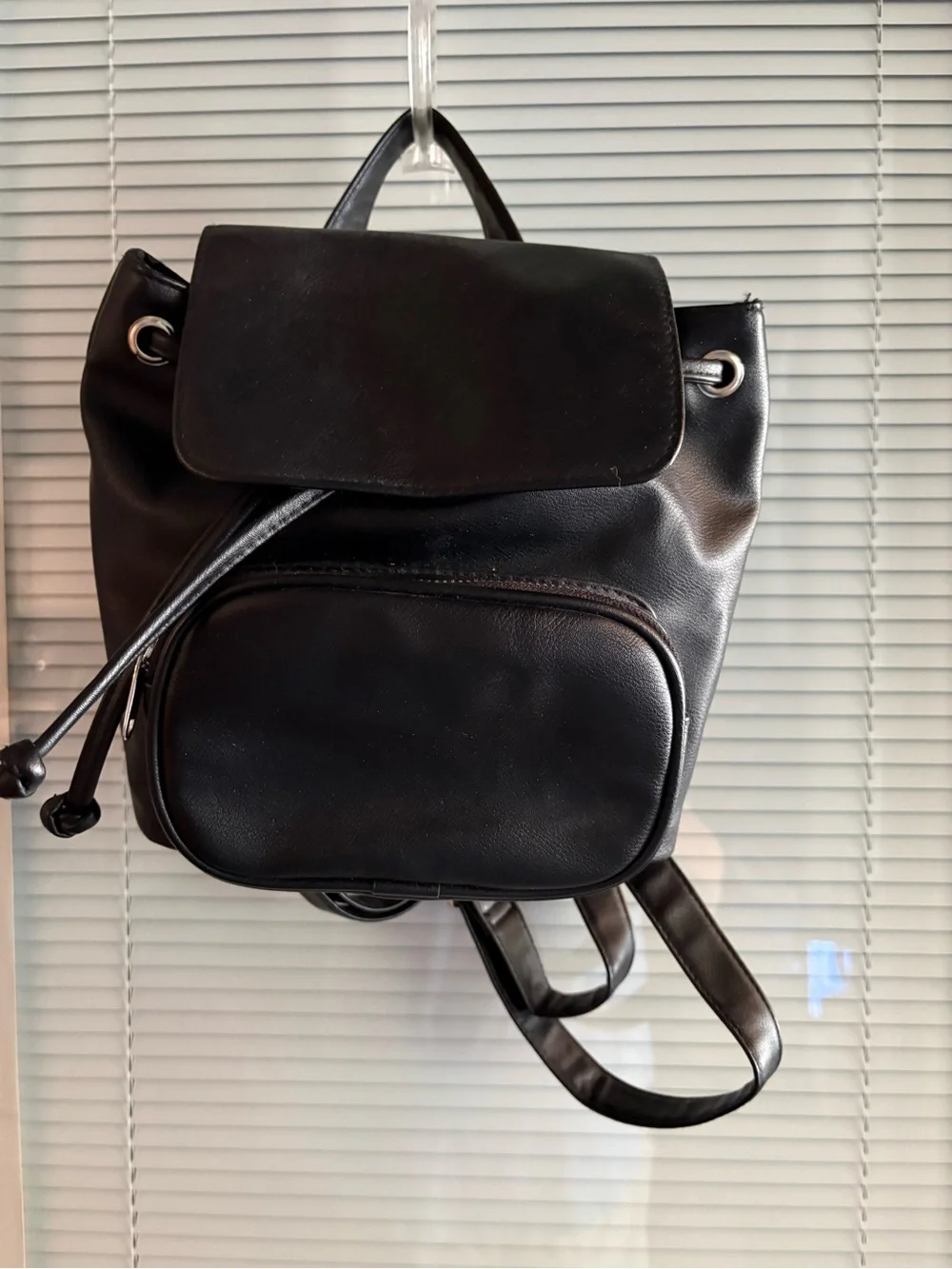 Black Faux Leather Backpack with Front Pocket